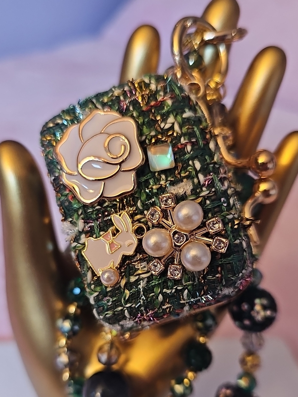 CHARMS: Green Mini Tweed Purse Charm with Pearls and Enamel Accents